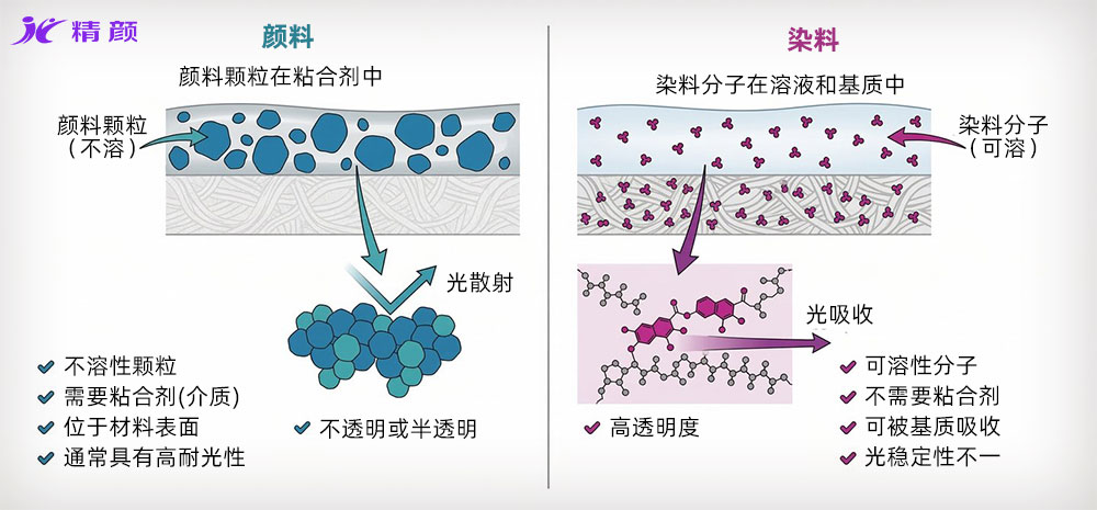 染料與顏料上色機理對比示意圖（分子滲透與顆粒附著）