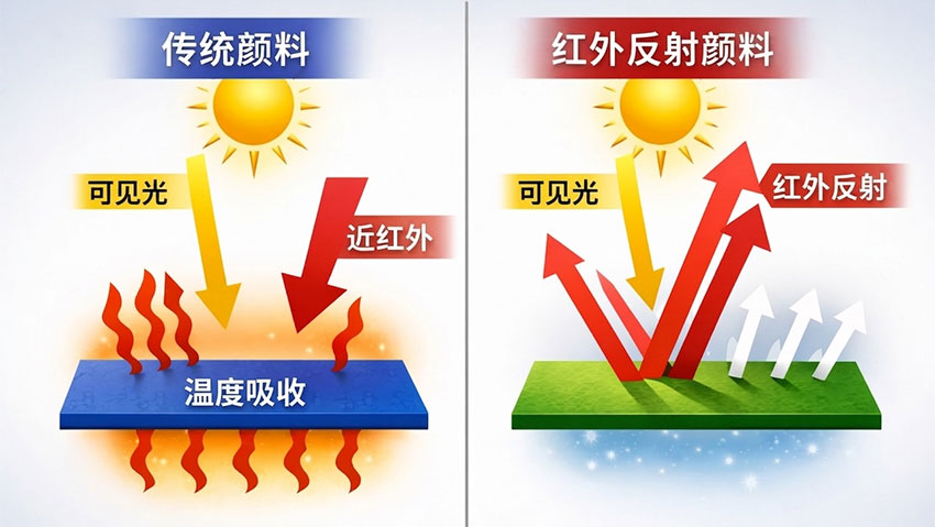 紅外反射顏料與普通顏料光譜原理對比示意圖，紅外反射顏料反射近紅外光實現隔熱