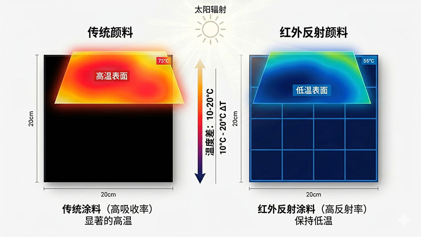 傳統顏料與紅外反射顏料表面溫度對比圖，紅外反射顏料表面溫度低10-20℃