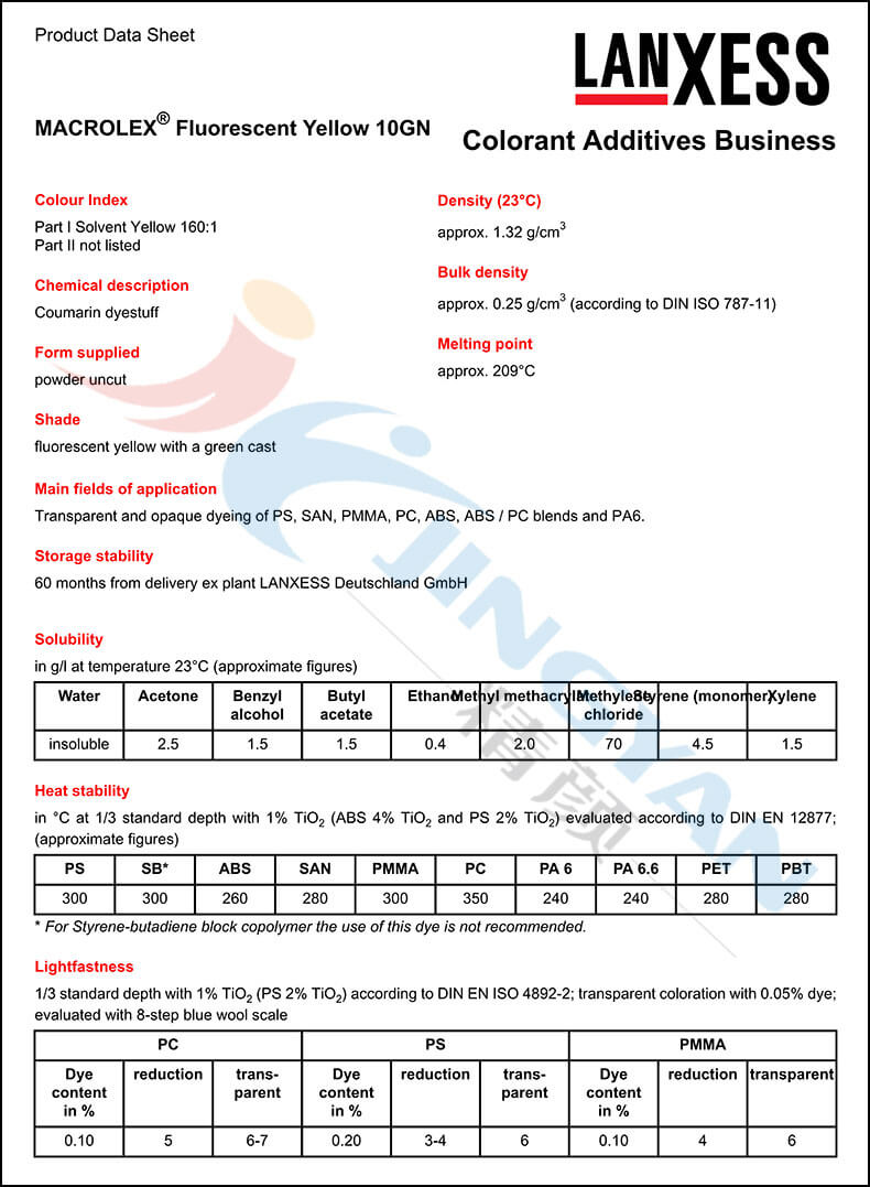 朗盛10GN黃熒光染料數據表