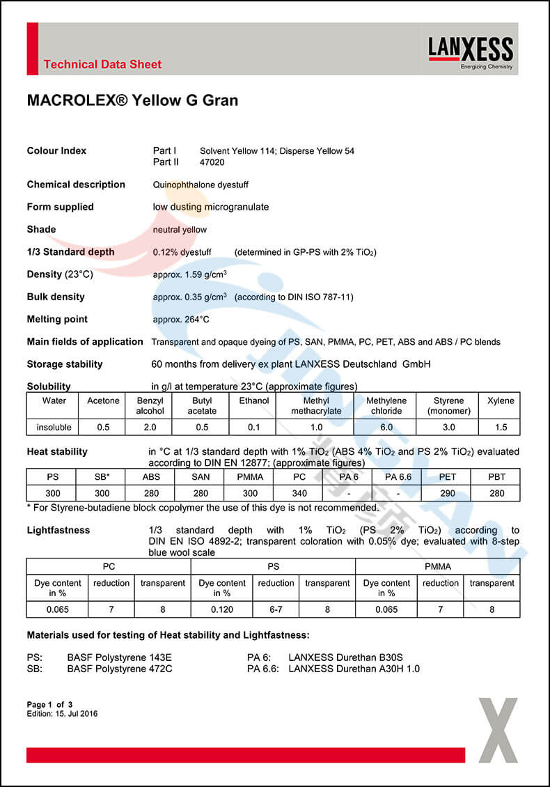 朗盛黃G溶劑染料數據表